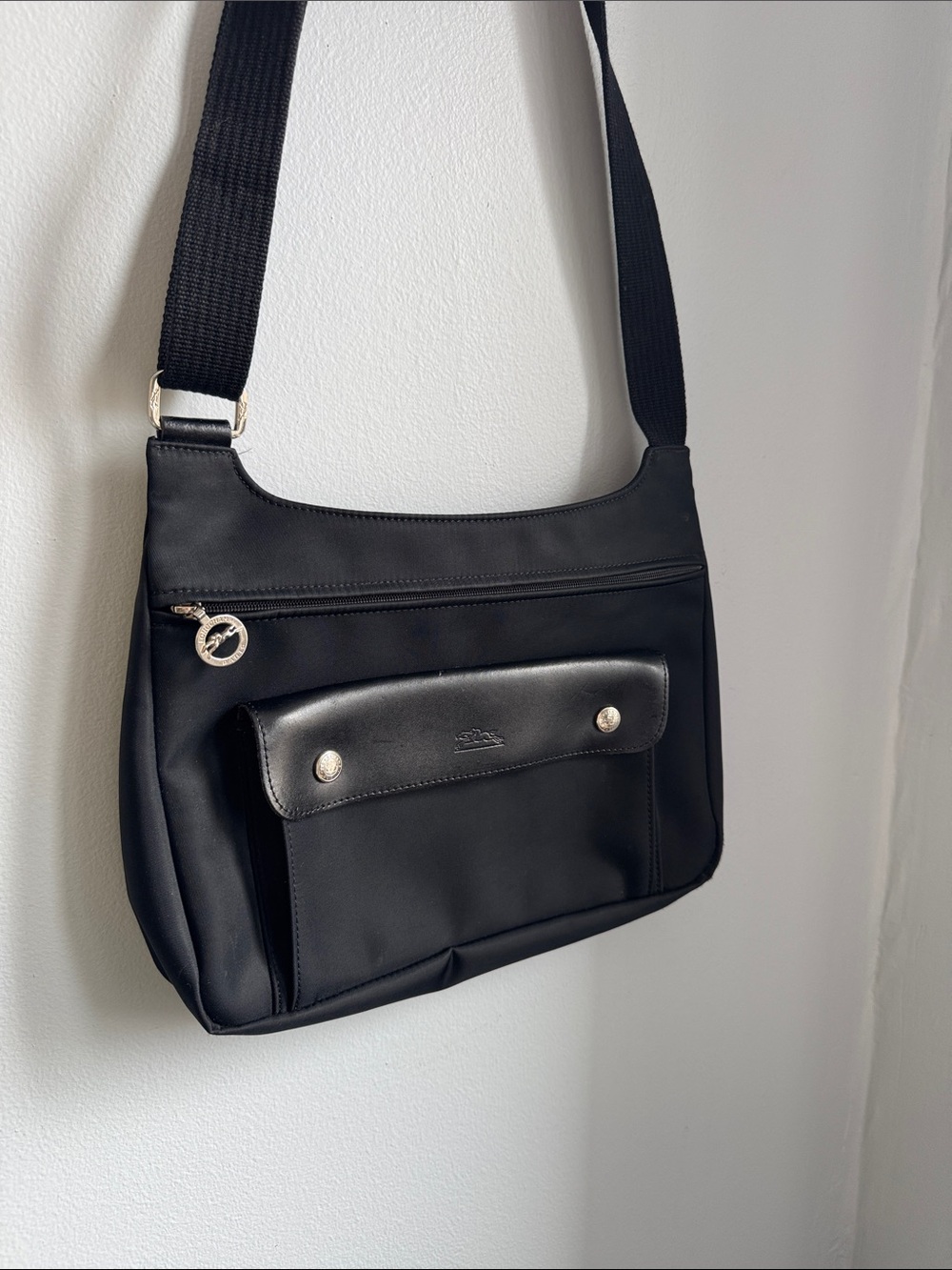 Longchamp Planetes Black Nylon Crossbody Messenger Bag with Silver Hardware